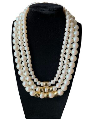 RARE Vintage Richelieu Pearl Triple-Strand Necklace with Gold Accents